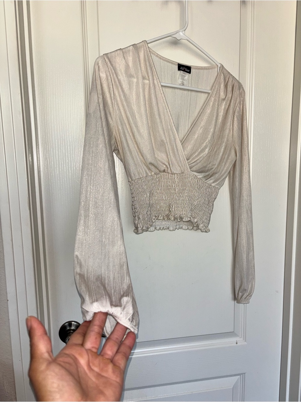 Fashion Magazine Cream Metallic-Trim Smocked-Waist Crop Top
